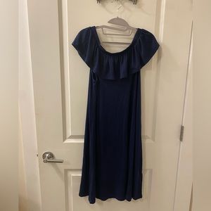 Off the Shoulder Midi Dress with Ruffles in Navy